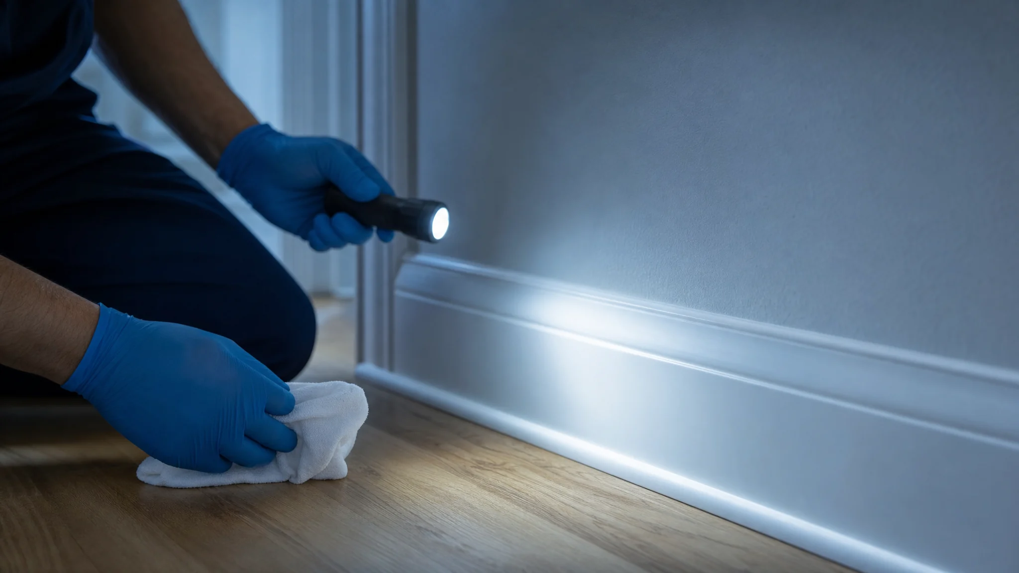 Gloved hands inspecting a clean baseboard with a flashlight beam