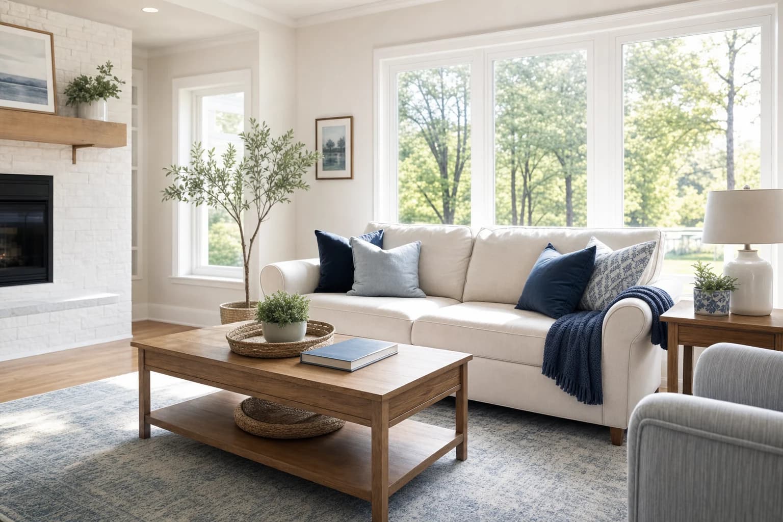 Sunlit clean living room with a cream sofa and wooden coffee table