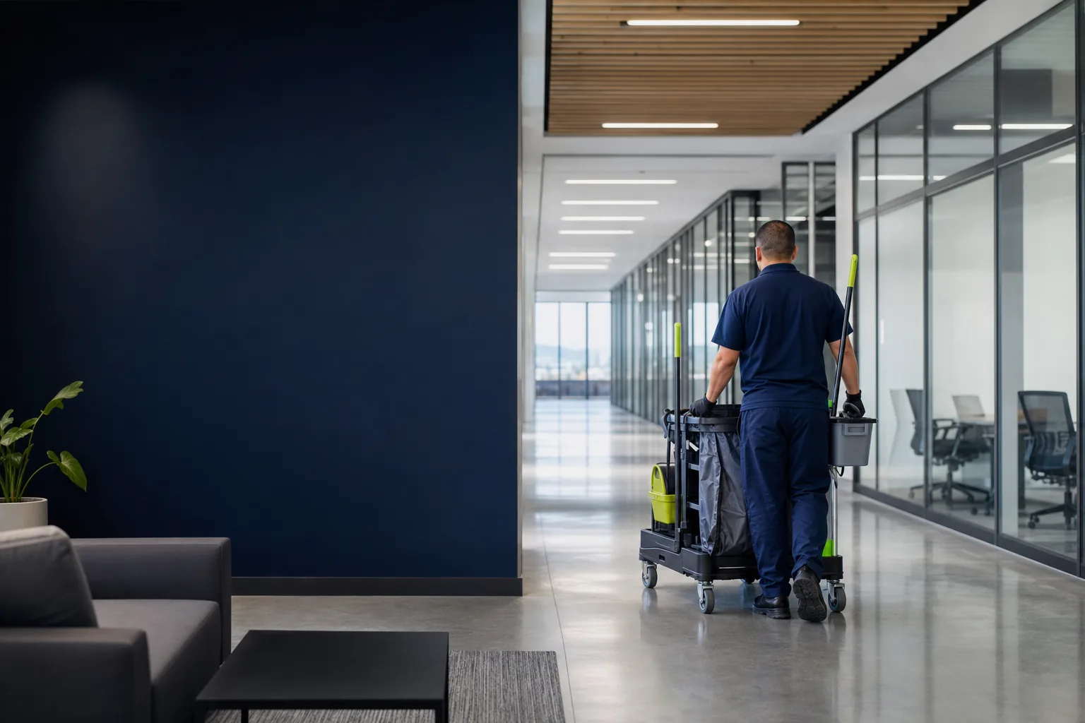 Janitorial cart moving through a bright office corridor with glass walls