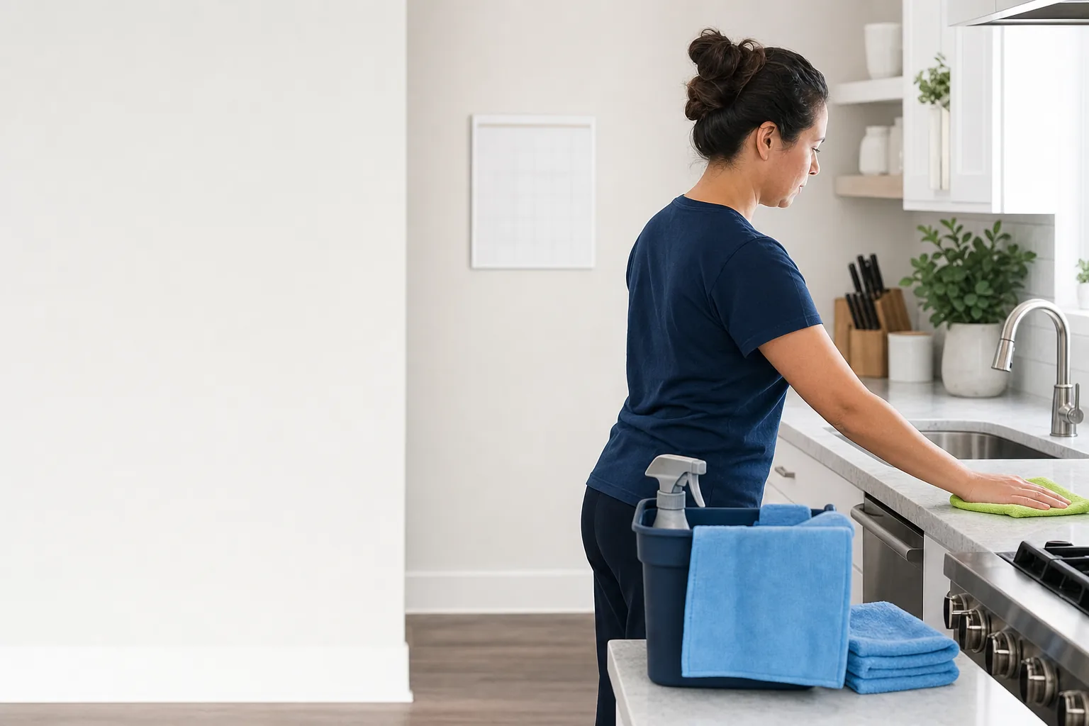 Cleaner refreshing a bright kitchen counter during a routine maintenance visit