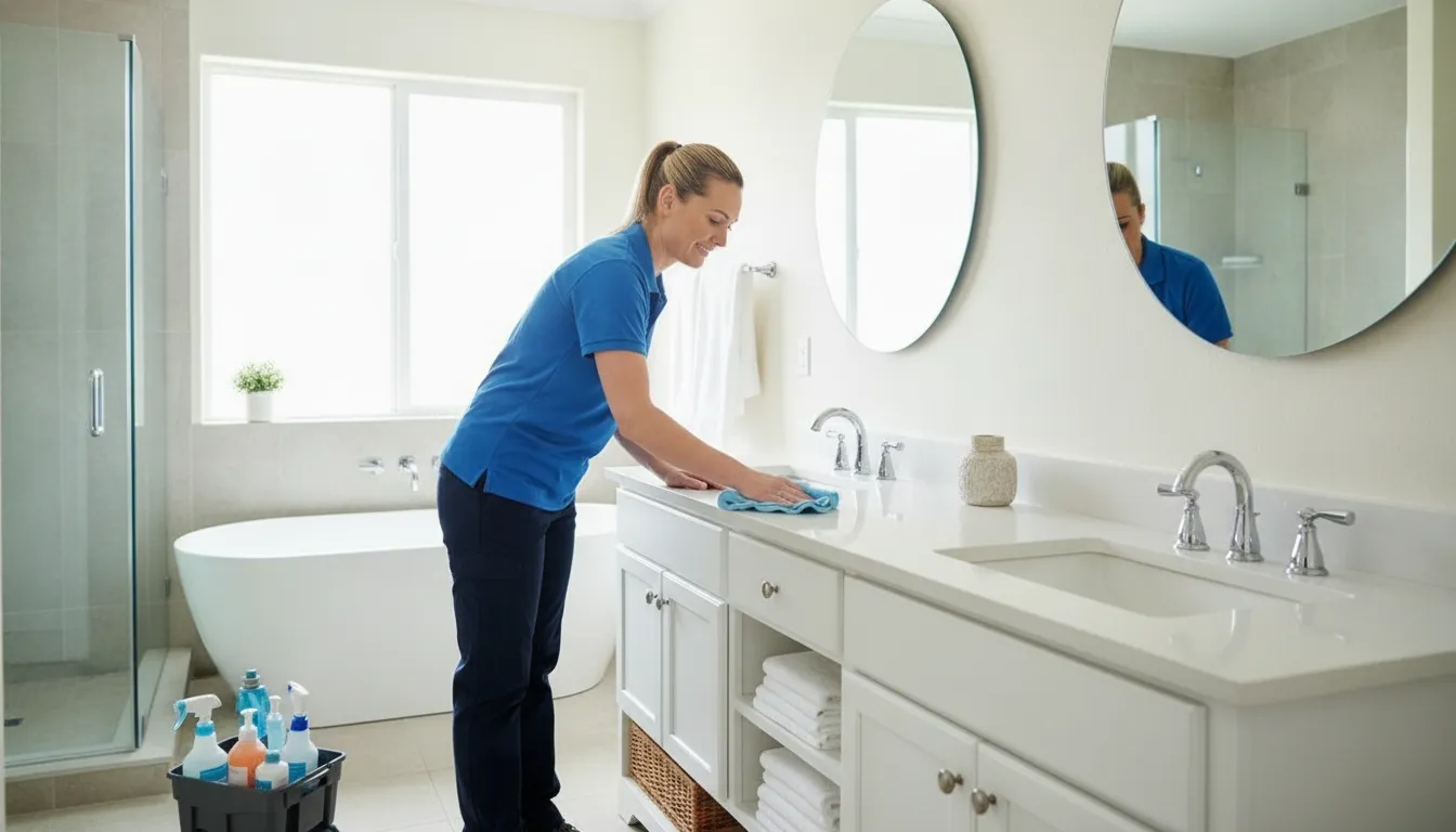 Professional cleaner refreshing a bright residential bathroom in an Oklahoma City area home