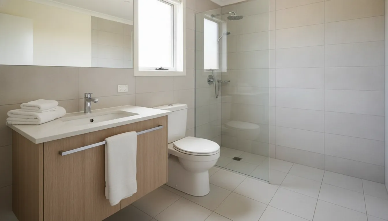 Professional cleaner detailing a bright bathroom