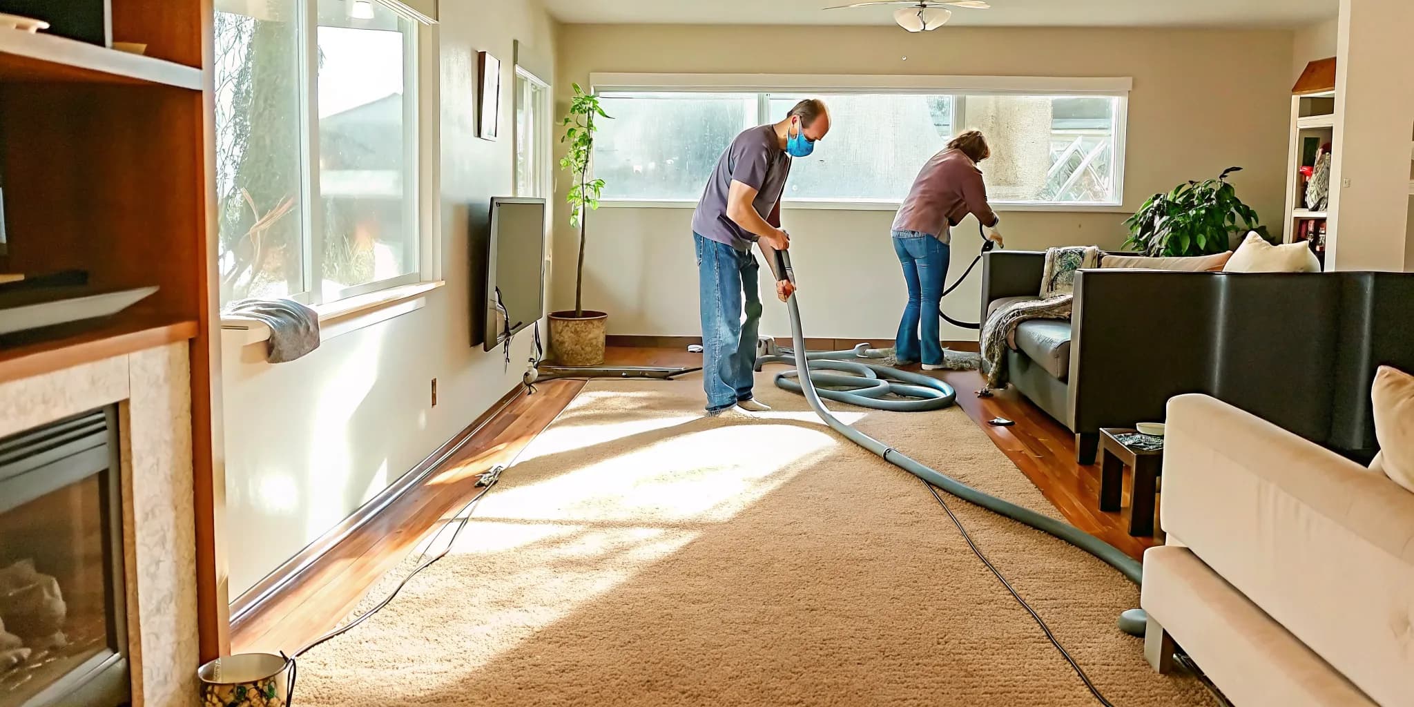 Professional house cleaner tidying a bright carpeted living room, with a carpet cleaning machine nearby