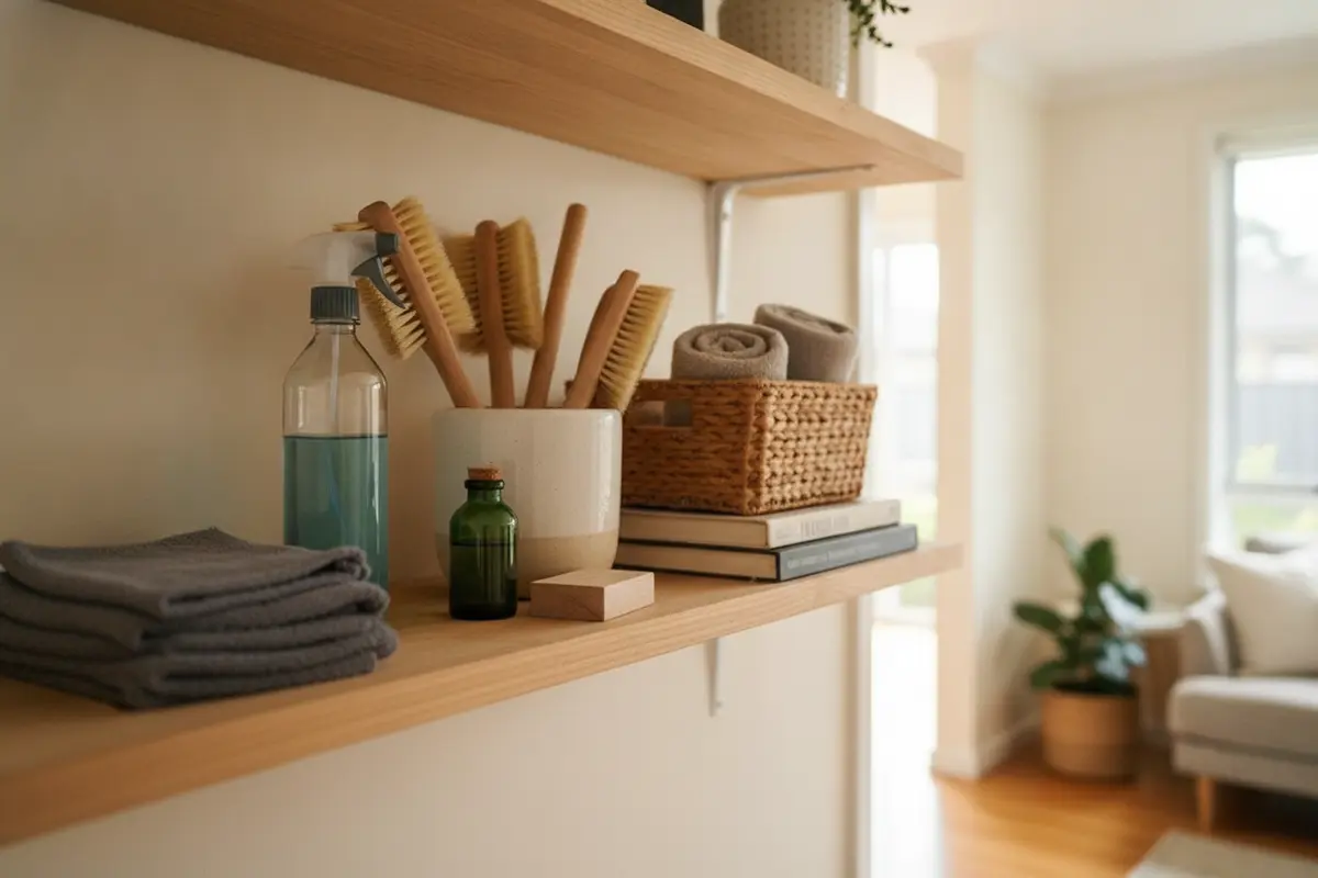 Clearly arranged household supplies and everyday items placed within easy reach