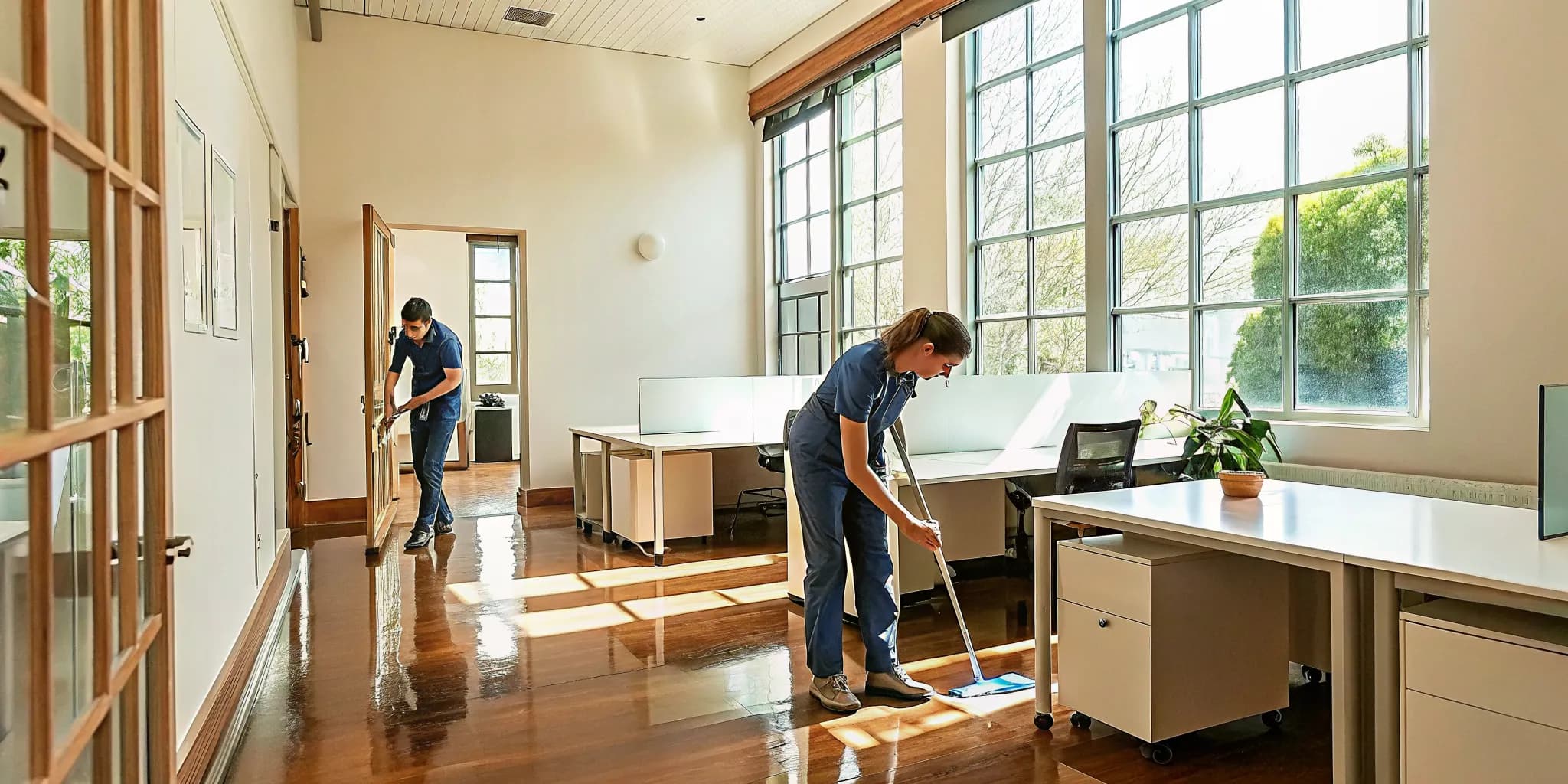 Professional commercial cleaning team servicing a bright modern office space in Oklahoma City