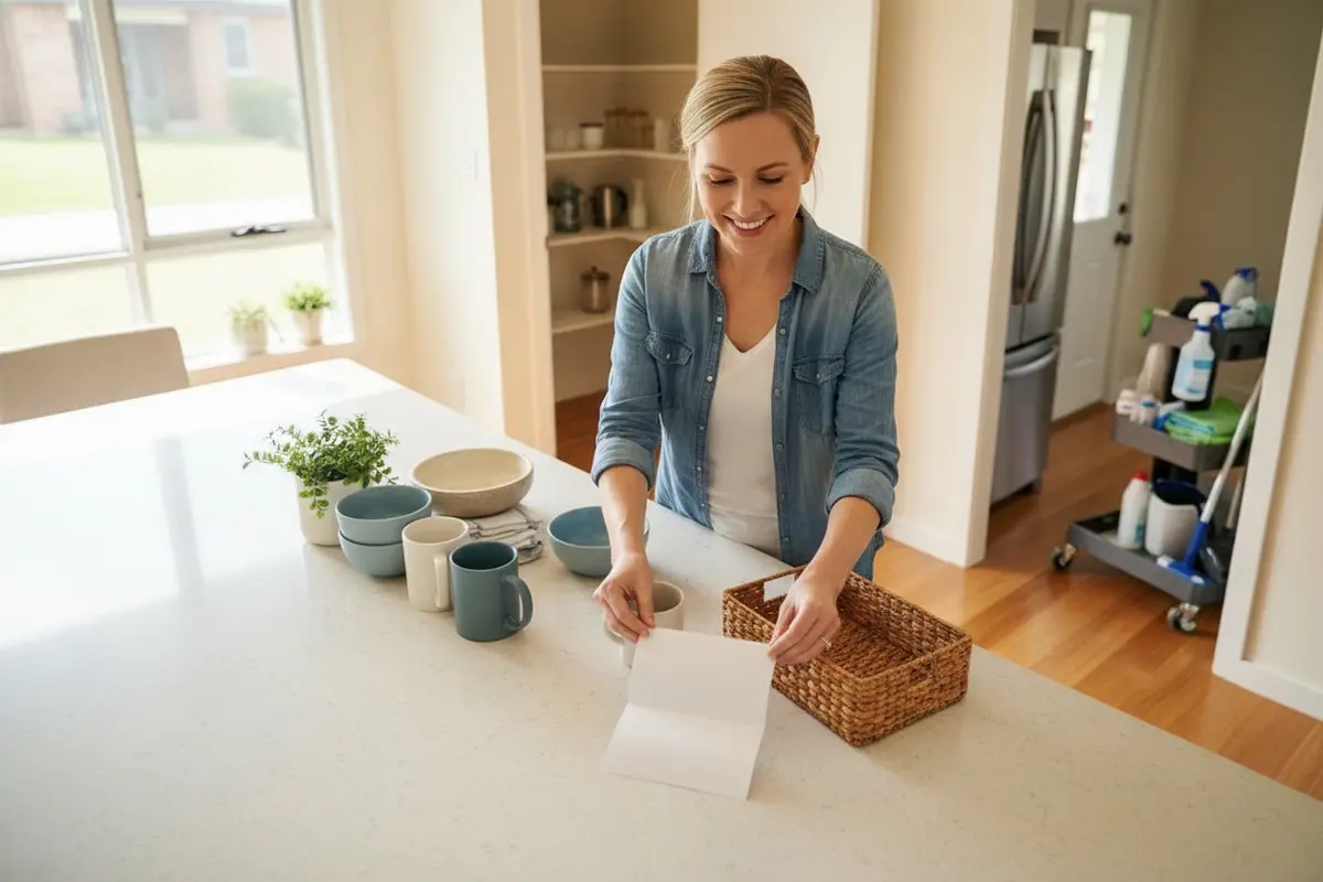 Homeowner clearing a kitchen counter before a one-time cleaning appointment