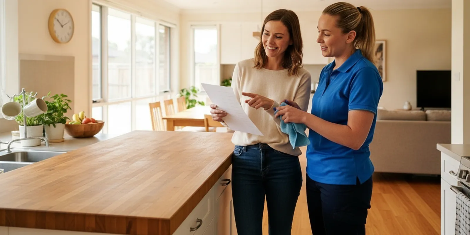 Homeowner reviewing a cleaning checklist with a professional cleaner in a bright Oklahoma home