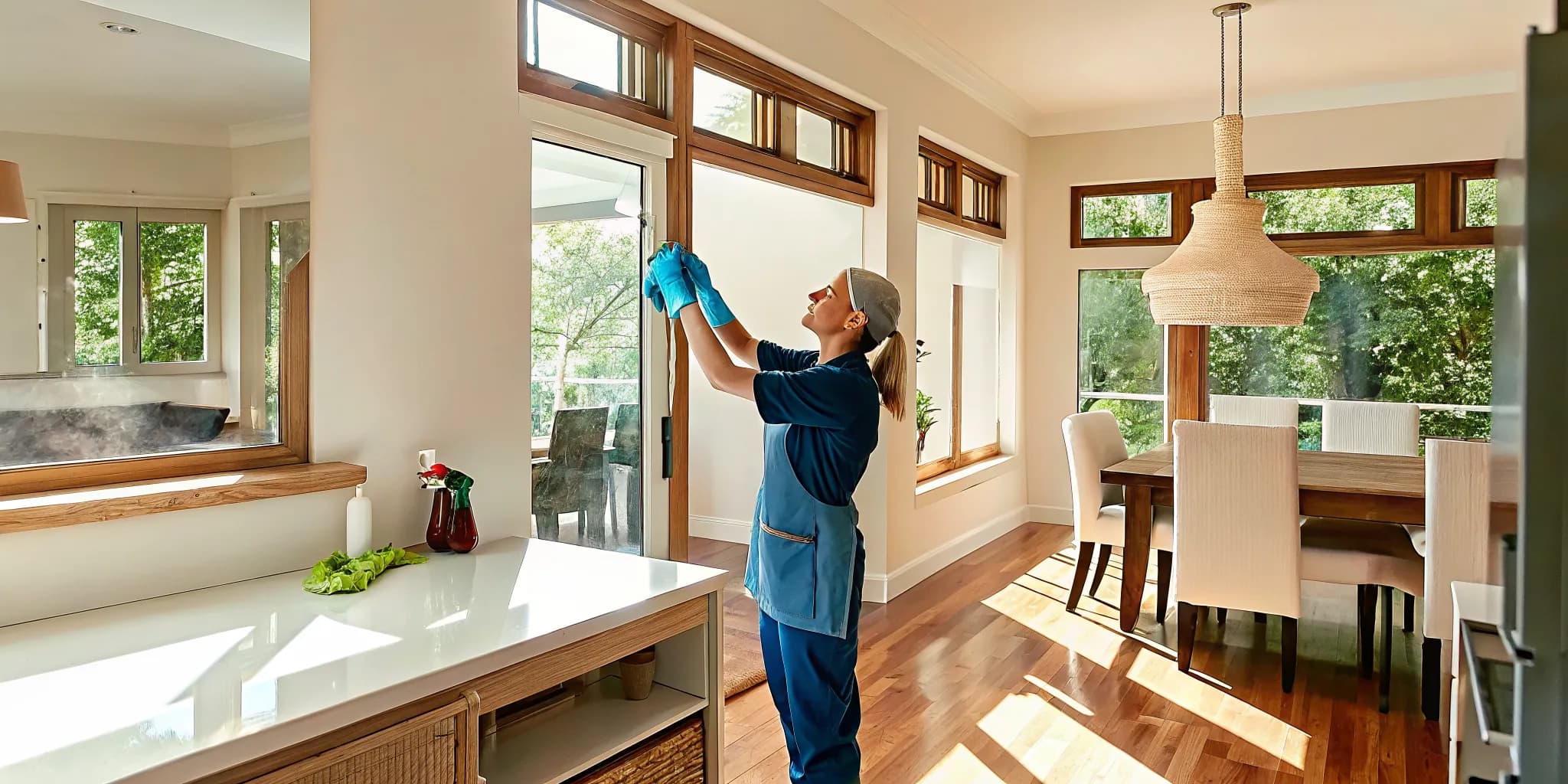 Professional house cleaner in a blue uniform cleaning a bright modern kitchen with natural light