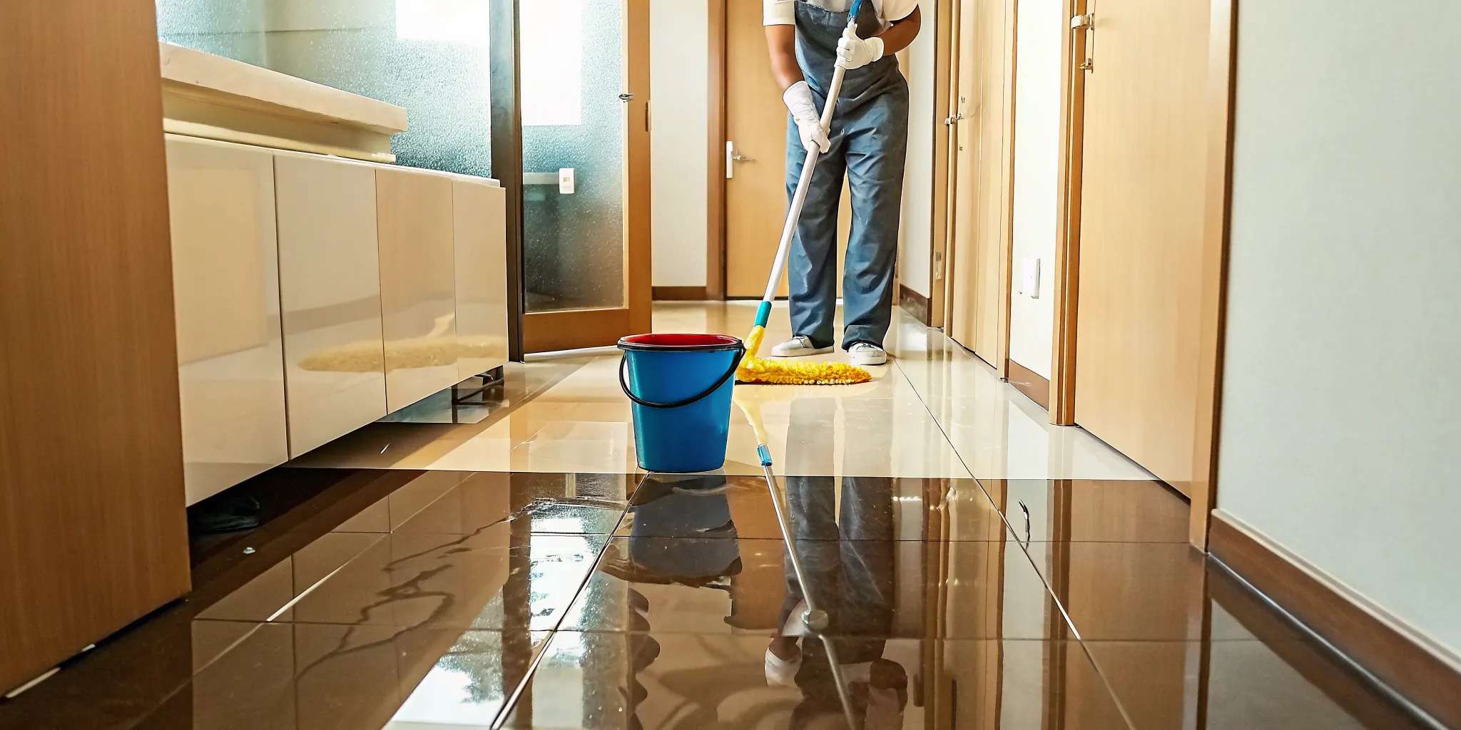 Professional floor cleaning with mop and bucket in a commercial restroom