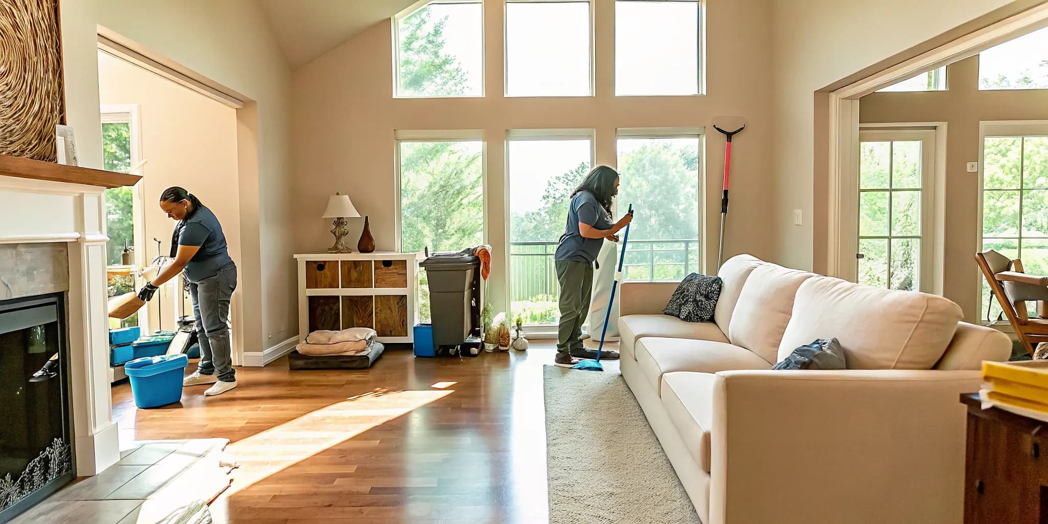 Maid service Edmond OK team preparing cleaning supplies in a bright home