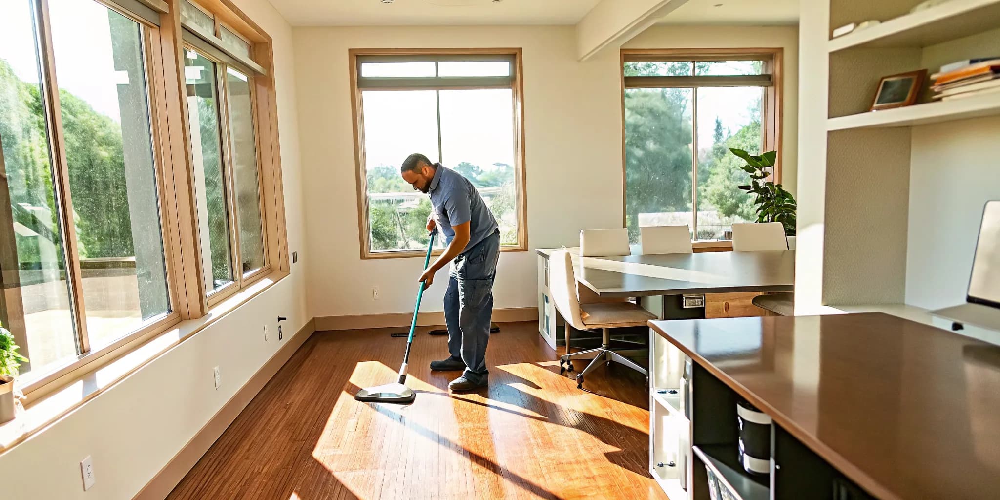 Professional janitor cleaning office floors and desks in Oklahoma City