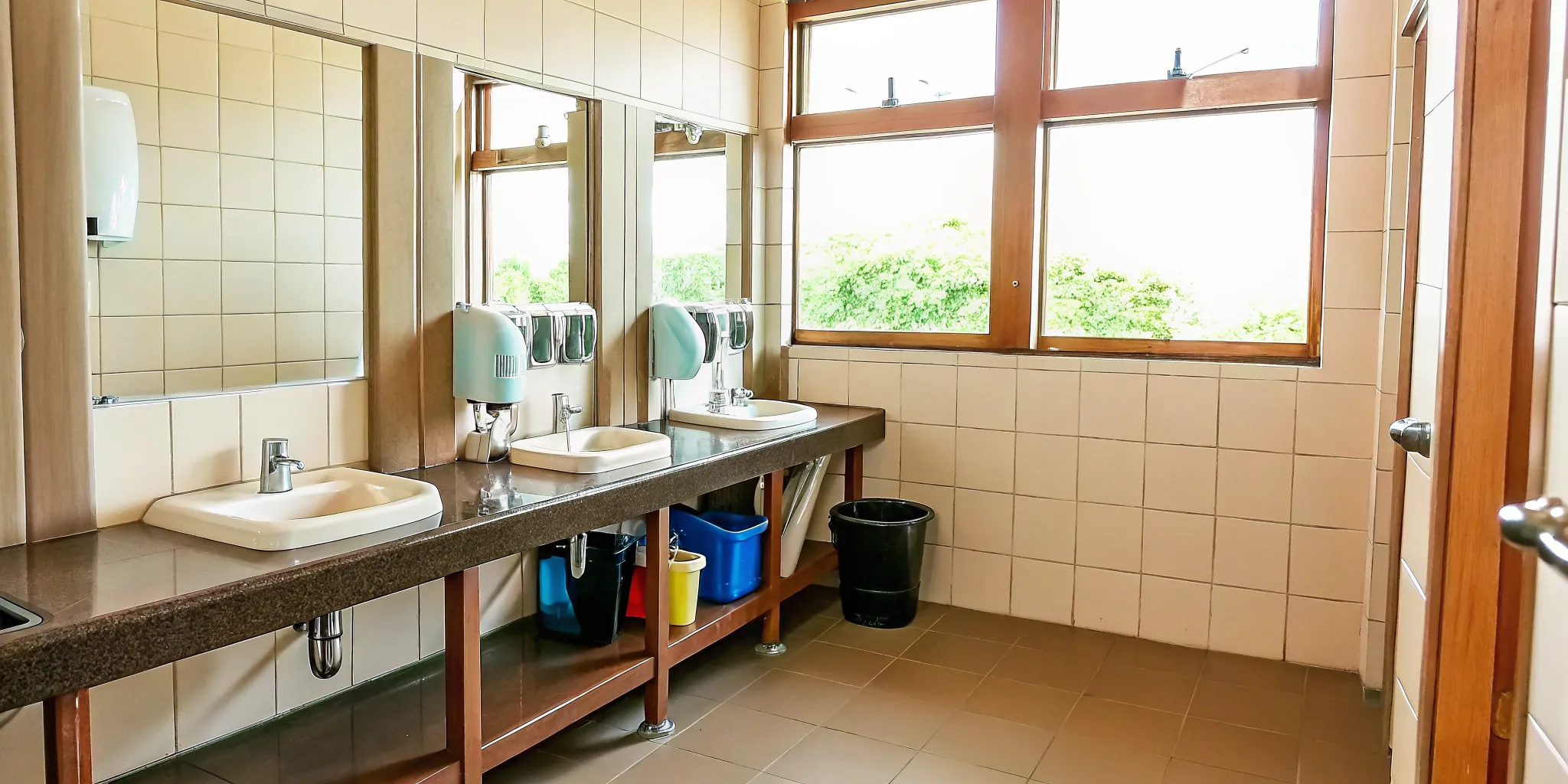 Clean commercial restroom with professional cleaning supplies and gleaming fixtures