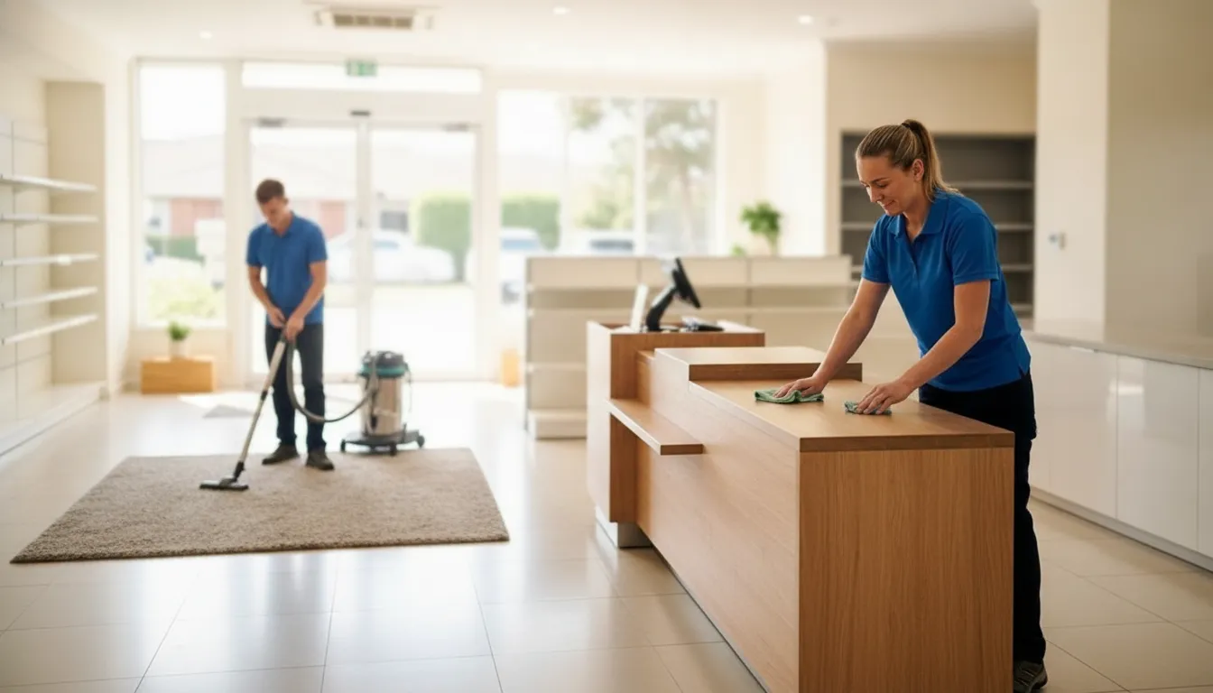 Professional cleaning team preparing a retail store before opening