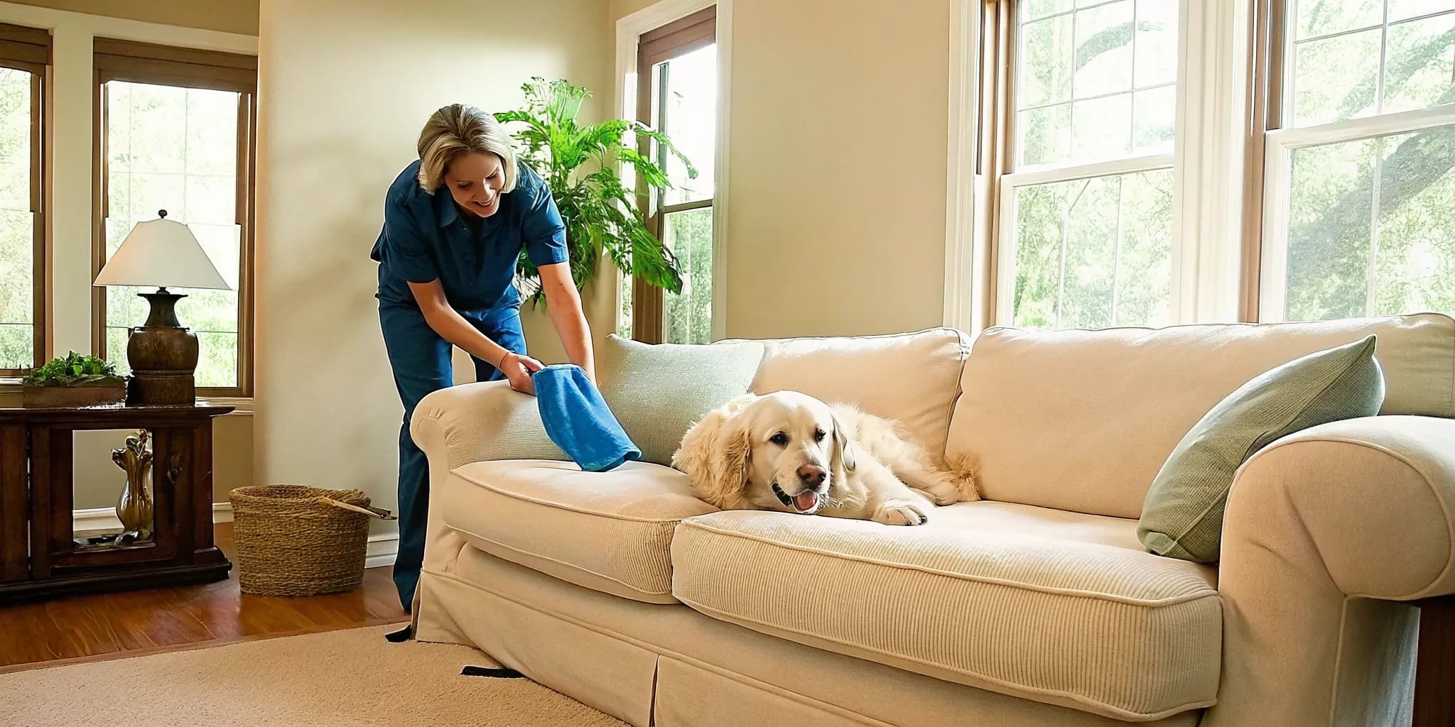 Professional house cleaner using a microfiber cloth on a sofa near a resting golden retriever in a bright Oklahoma home