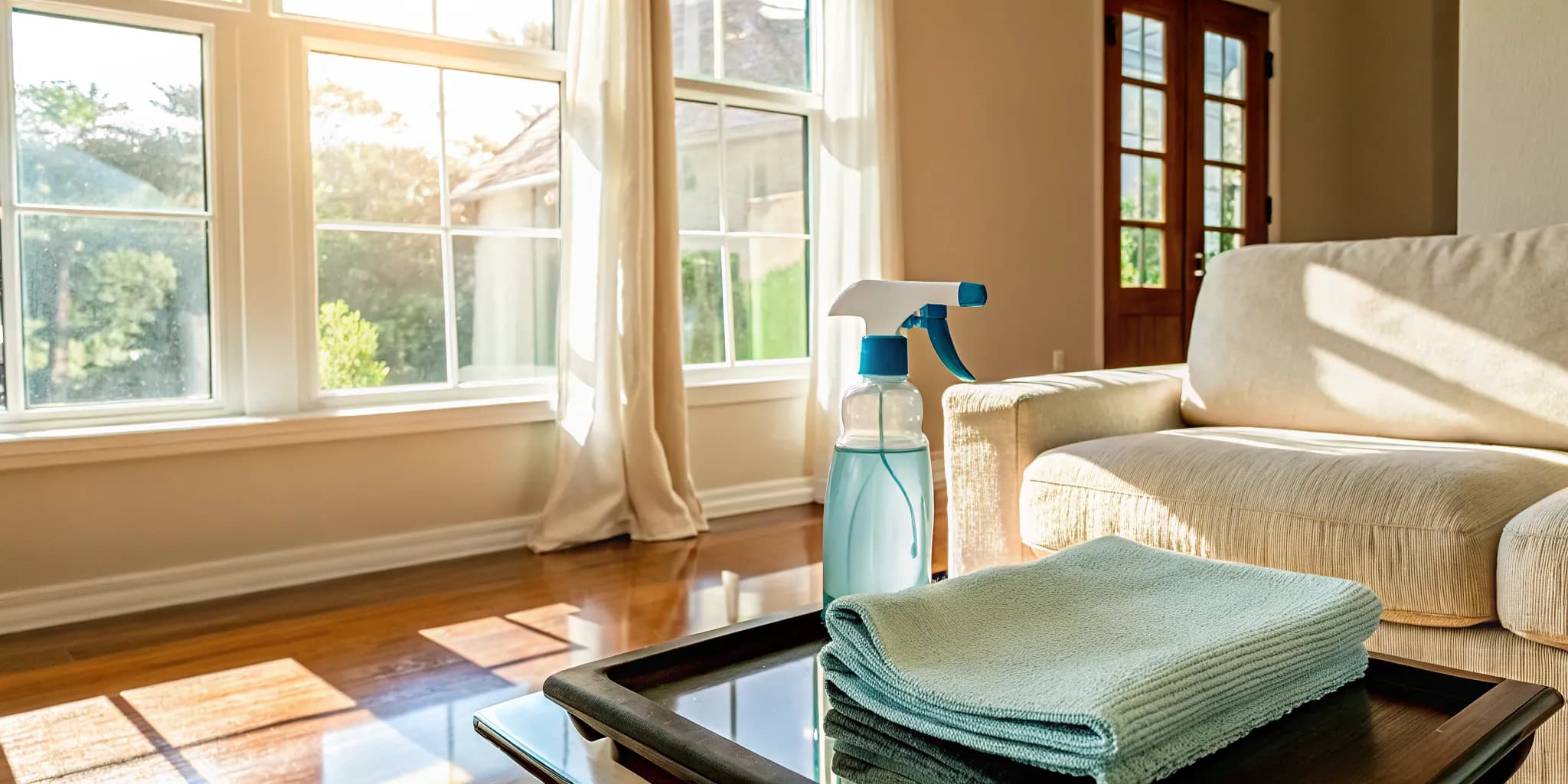 Bright living room with organized cleaning supplies on a coffee table, sunlight streaming through windows