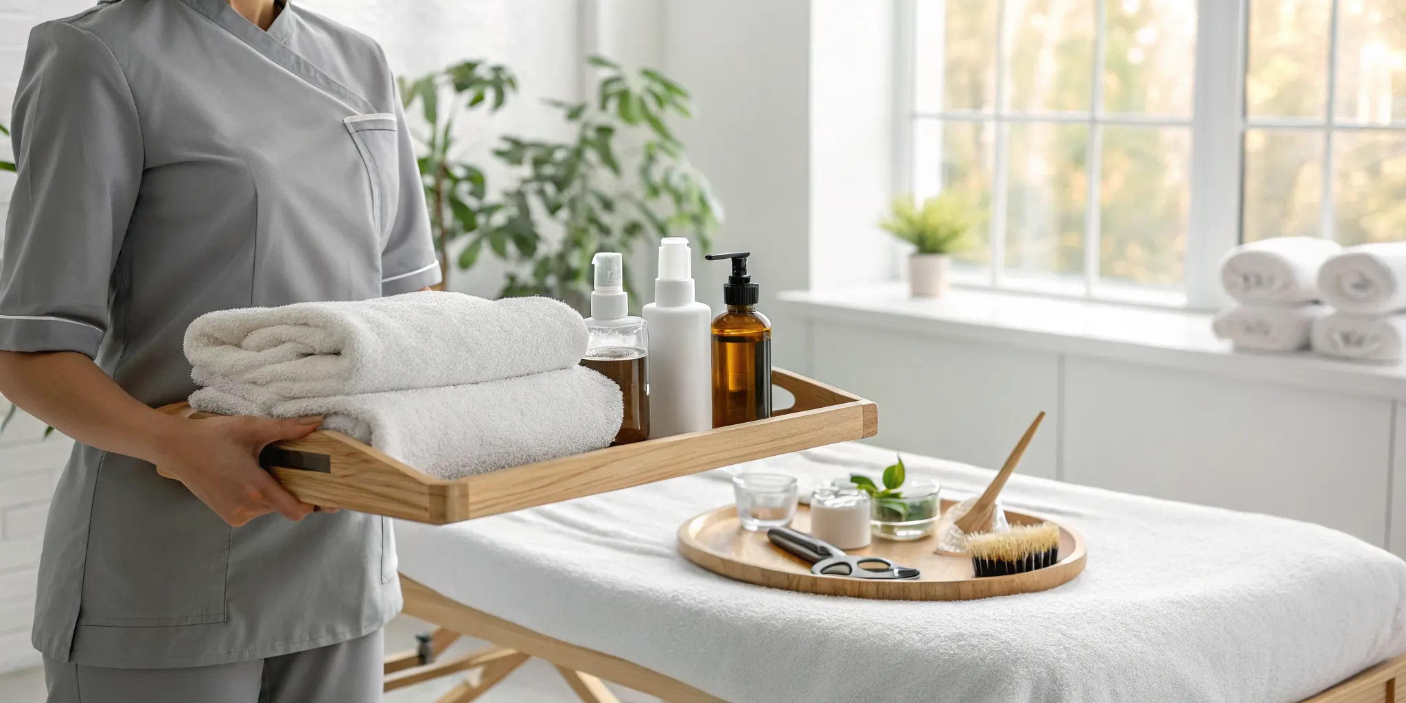 Caregiver holding a tray with towels and products for personal care services.