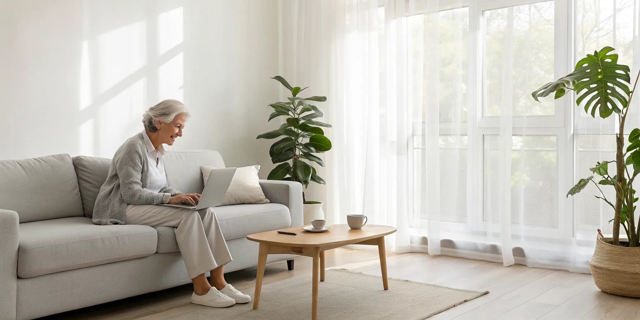 A senior woman smiling at her laptop, comfortable and independent at home with home care.