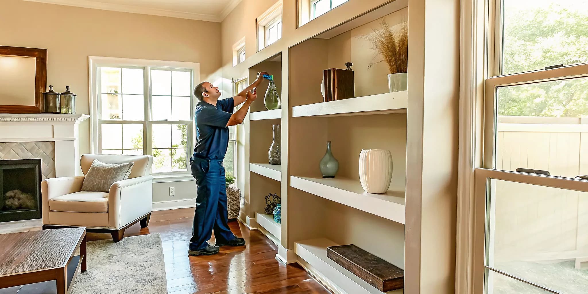Professional house cleaner dusting a living room shelf in an Oklahoma City home
